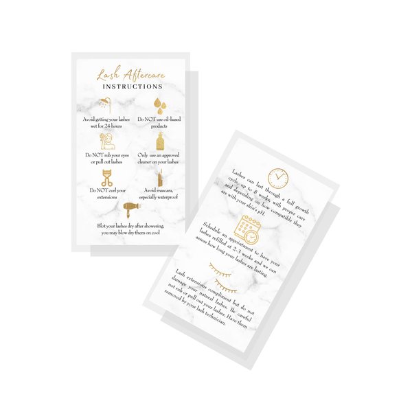 Lash Extension Aftercare Instructions Cards | 50 Pack | Double Sided Size 3.5 x 2" inches After Care (2-3 Week Fillers) | Marble Look with Gold Icons Design