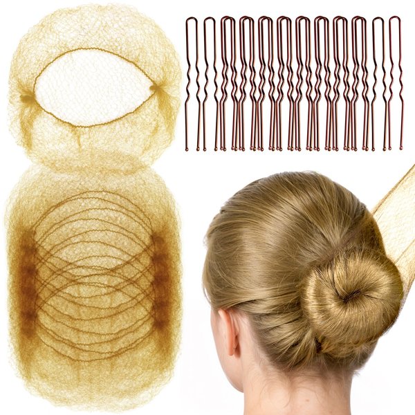 FANDAMEI 20PCS Hair Nets for Buns Invisible and 40PCS U Shaped Hair Pins Set, 20PCS 50cm Bun Nets for Ballet Girls and 40pcs Hair Bun Pins for Women, Girls, Kids Ballet Bun Maker Dance (Light Brown)