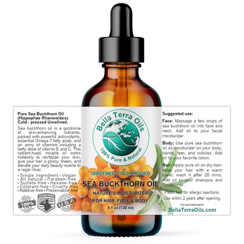 Bella Terra Oils - Organic Sea Buckthorn Oil 2 oz - Dive into Rich Essence of Organic Sea Buckthorn Berry, Packed with Vitamin C, E, & A, Omega-Fatty Acids Delight for Face