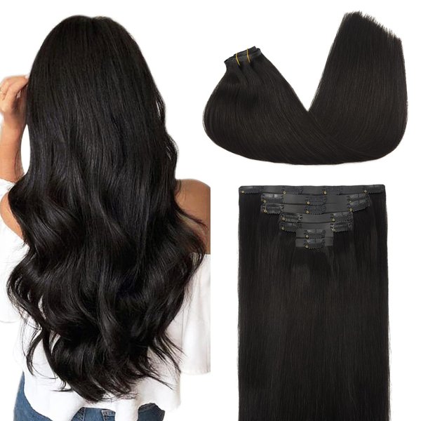 GOO GOO Clip in Hair Extensions Real Human Hair, 22inch 151g 7Pcs, 1B Natural black, Remy Human Hair Extensions Clip ins for Women, Natural Human Hair