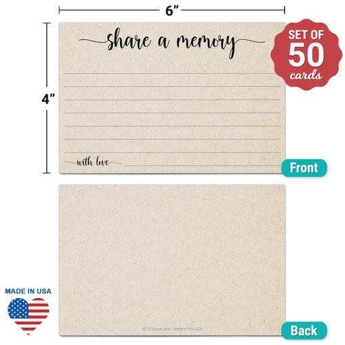 321Done Share a Memory Card (50 Cards) 4" x 6" - for Celebration of Life Birthday Anniversary Memorial Funeral Graduation Bridal Shower Game - Made in USA - Kraft Tan