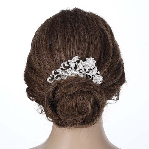 Latious Flower Bride Wedding Hair Comb Silver Bridal Leaf Hair Piece Crystal Hair Clip Prom Hair Accessories for Women and Girls