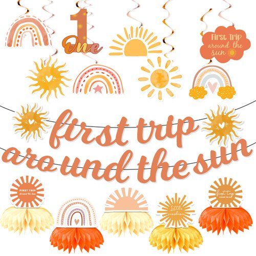 First Trip Around The Sun Decorations, First Birthday Decorations for Girl Include Boho Sun Banner Hanging Swirls and Honeycomb Centerpiece, 1st Birthday Party Supplies Girl