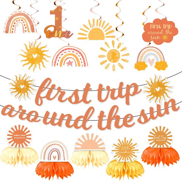 First Trip Around The Sun Decorations, First Birthday Decorations for Girl Include Boho Sun Banner Hanging Swirls and Honeycomb Centerpiece, 1st Birthday Party Supplies Girl