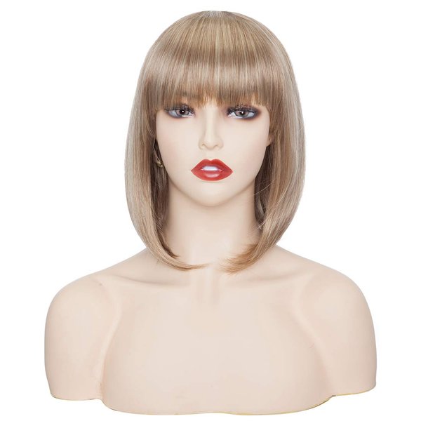 S-noilite Short Bob Synthetic Hair Wig with Bangs for Women 12inch Straight Dark Blonde Mix Bleach Blonde Heat Resistant Colorful Anime Cosplay Costume Daily Party Full Wigs