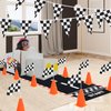 Anglekai 12+24 Traffic Cones and Racing Checkered Flags, 24 Checkered Flags with Sticks/ 12 Racing Traffic Cones/ 9.8Ft Checkered Triangle Flags/ 6.9Ft Racetrack Floor Running Mat for Race Car Party (Orange)