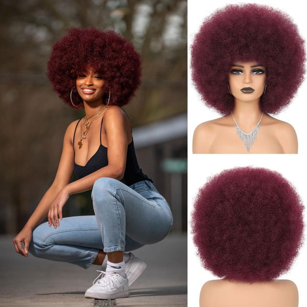 Wallden Hair Red Afro Wigs for Black Women Glueless Wear and Go Wig 10 Inch Curly Afro Wigs Burgundy Synthetic Puff Wigs for Daily Party Cosplay Costume Hallowee Use (BUG)