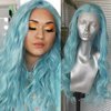 RONGDUOYI RDY Light Blue Long Wave Lace Front Wig Middle Part Silk Body Wavy Sky Blue Hair Synthetic Wigs for Women Girls Use Heat Glueless Cosplay Makeup Use Hair