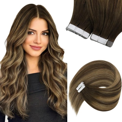 Sunny Hair Brown Tape in Human Hair Extensions Balayage Tape in Hair Extensions Human Hair Medium Brown Balayage Caramel Blonde Mix Brown Human Hair Tape Extensions Short Hair 12inch 20pcs 30g