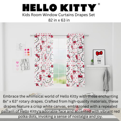 Franco Hello Kitty Kids Room Window Curtains Drapes Set, 82 in x 63 in, (Official Licensed Product)