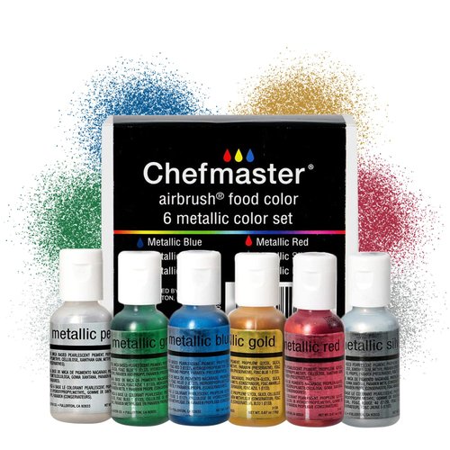 Chefmaster 6-Bottle Set of Metallic Airbrush Food Coloring, Rich Colors, Edible Glitter, Professional-Grade Dye for Icing, Frosting, Fondant, Chocolate, Made in USA, 0.67 oz Each