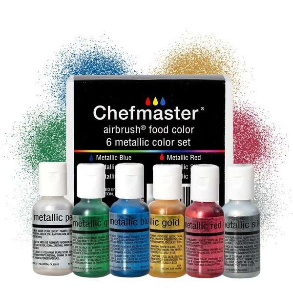Chefmaster 6-Bottle Set of Metallic Airbrush Food Coloring, Rich Colors, Edible Glitter, Professional-Grade Dye for Icing, Frosting, Fondant, Chocolate, Made in USA, 0.67 oz Each