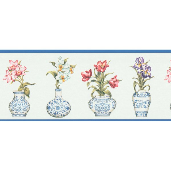 Brewster 499B03082 Blue Botanical Border Wallpaper, Whites and Off-Whites