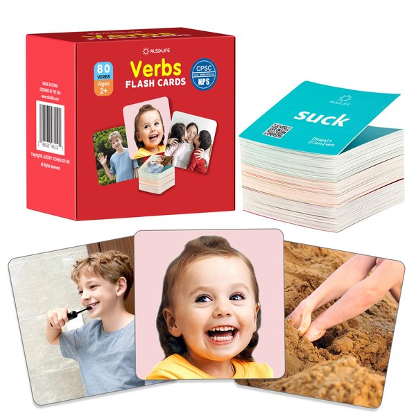 80 Verb Flash Cards| Action Cards for Speech Therapy | Video Supported Speech Therapy Materials & Autism Learning Materials | Extra Sturdy Vocabulary Flashcards and Stocking Stuffers for Toddlers