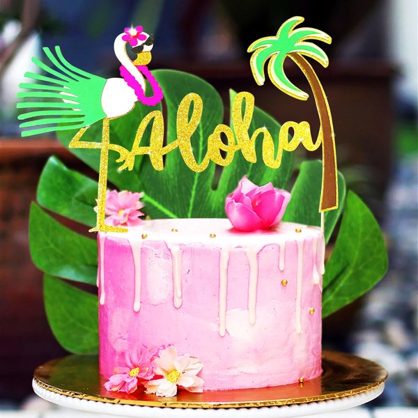 LaVenty 2 PCS Glitter Aloha Cake Topper Flamingo Cake Toppers Flamingo Happy Birthday Cake Decoration Tropical Hawaiian Luau Themed Party Supplies