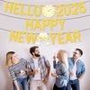 Gold Glitter Happy New Year Banner 2025 - Happy New Year Decorations Hello 2025 Banner for New Years Eve Party Supplies 2025