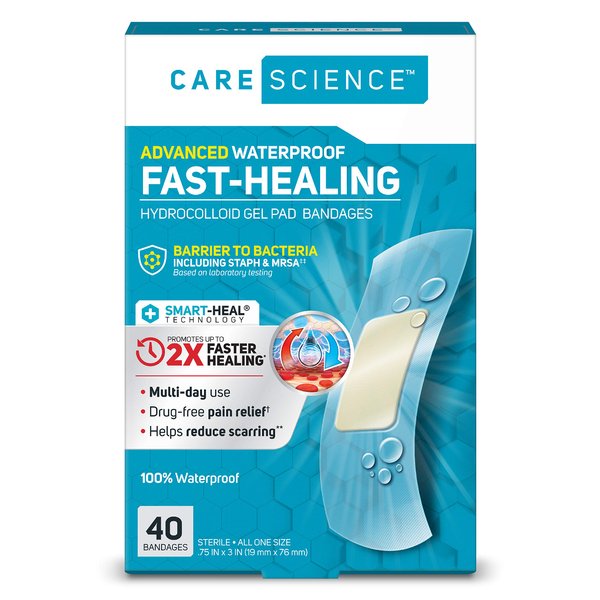 Care Science Fast-Healing Waterproof Hydrocolloid Gel Pad Bandages, 0.75 in x 3 in, 40 ct | 100% Waterproof Seal, 2X Faster Healing, for Blisters or Wound Care