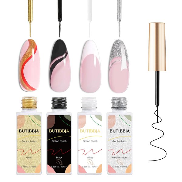BUTIBBJA Gel Liner Nail Art Polish Set 4 Pcs,Black White Gold Silver Glitters Colors,Gel Nail Art Polish Liners with Thin Nail Art Brush in Bottle,Use with Soak off Led Lamp,Each 0.33fl.oz