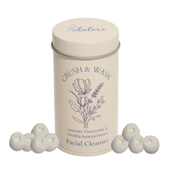 Tidalove 3-in-1 Solid Facial Cleanser, Exfoliator, and Wash-off Mask - Vegan, Cruelty-Free, Plastic-Free, Travel-Friendly, 1 Month Supply (60 Crushable Tablets) in Tin (Calming Beans in Tin)