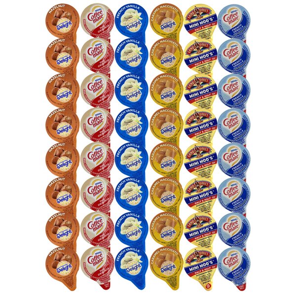 48 Assorted Coffee Creamer Singles Pack - 6 Flavored Variety Bundle, Including Caramel Macchiato, Half & Half, French Vanilla, and Hazelnut