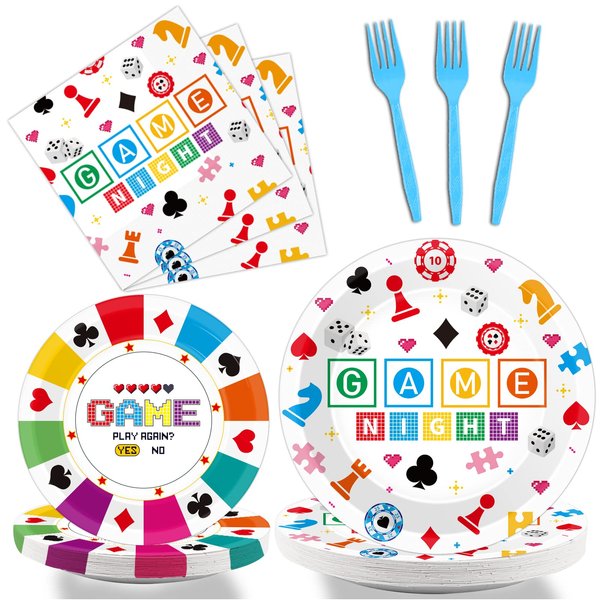 Wiooffen 96 Pcs Family Game Night Party Supplies Gaming Party Decoration For Birthday Party Video Game Party Tableware Set Kids Game Night Party Paper Plate Napkin Fork 24 Guests