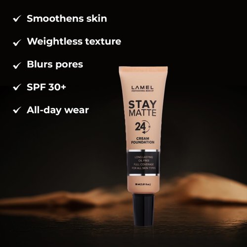 LAMEL Foundation Stay Matte - Full Coverage Foundation - Long-Lasting & Waterpoof - Dewy & Flawless Finish - For All Skin Type - Organic & Oil-Free - Anti-Aging Formula, 404-1.01 fl.oz (Toffee)