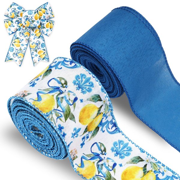 AnyDesign Lemon Wired Edge Ribbon 20 Yards Blue Tile Lemon Fabric Craft Ribbon for Spring Summer Baby Shower Birthday Gift Wrapping Wreath Bow DIY Crafts, 2 Roll