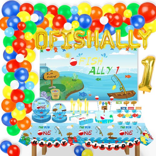 224pcs O Fish Ally One Birthday Party Supplies, The Big One Paper Plates Napkins Forks Tablecloth Backdrop Cake Cupcake Toppers Tableware Kit for Little Fisherman Boys 1st Birthday Decorations
