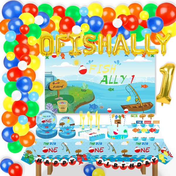 224pcs O Fish Ally One Birthday Party Supplies, The Big One Paper Plates Napkins Forks Tablecloth Backdrop Cake Cupcake Toppers Tableware Kit for Little Fisherman Boys 1st Birthday Decorations