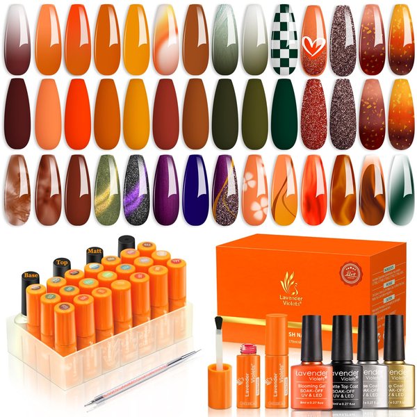 Lavender Violets 27 Pcs Gel Nail Polish Kit Early Spring Earth Colors Red Green Yellow Blossom Effect Cat Eye LED French Nail Polish Set with Base,Blooming & Glossy,Matte Top Coat,Liner Brush C403