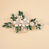 Teyglen Crystal Bride Wedding Hair Comb Vintage Green Flower Rhinestones Side Comb Shiny Hair Pieces Headpieces with Pearl Bridal Hair Accessories for Women Bride Girl(Green)