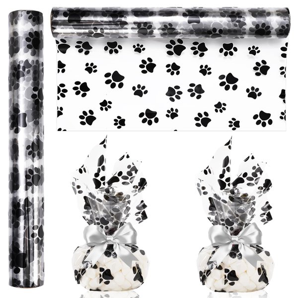 Whaline Paw Print Cellophane Wrap Roll 100ft x 16 In 2.5Mil White Black Cellophane Paper Crystal Clear Cello Wrapping Paper for Treats Gifts Basket Animal Pet Party Favor