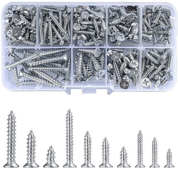 wugongshan 250G Self Tapping Screws Assortment Fasteners Set, M3/M4/M5 Sheet Metal Screws Fasteners Kit, Round Phillips Drive Flat Countersunk Head Wood Screws for Woodworking - 10 Sizes