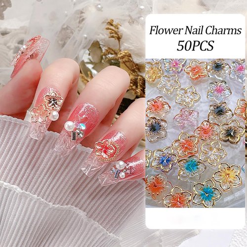 50Pcs Flower Nail Charms Gold Edge Flower Resin Design Nail Rhinestones - Mixed Colorful Flower Petals Charms Flowers Nail Art Charms Supplies for Acrylic Nails DIY Nail Decoration Accessories