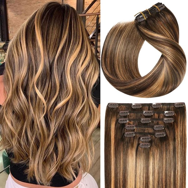 ORIGEN Clip in Hair Extensions Real Remy Human Hair Chocolate Brown to Caramel Blonde Highlights Straight Hair for Women 7pcs 120g 20 Inches