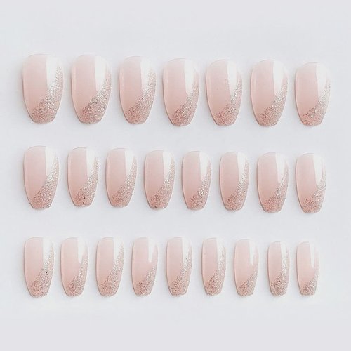 RikView Press on Nails Medium Length Coffin Fake Nails Pink Nails Glossy False Nails Full Cover Prom Nails with Glue Sticker