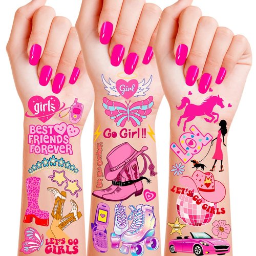 FANOST Pink Temporary Tattoos for Girls, 20 Sheets Princess Hot Pink Birthday Party Supplies Waterproof Tattoos Stickers for Kids Party Favors Easter Basket Halloween Disco Cosplay Party Decorations