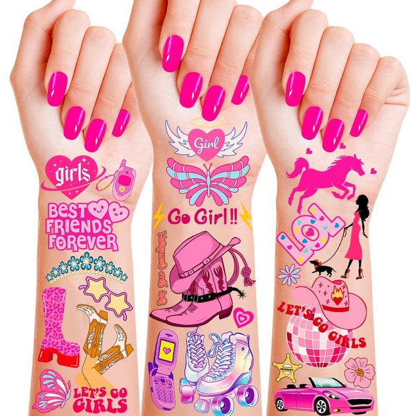 FANOST Pink Temporary Tattoos for Girls, 20 Sheets Princess Hot Pink Birthday Party Supplies Waterproof Tattoos Stickers for Kids Party Favors Easter Basket Halloween Disco Cosplay Party Decorations