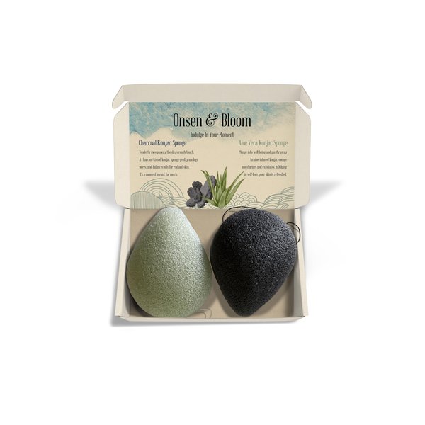 Onsen & Bloom Natural Konjac Sponge Duo – Gentle Exfoliation & Facial Cleansing for Sensitive Skin – Charcoal & Aloe Vera-Infused Vegan Sponges for Daily Skincare