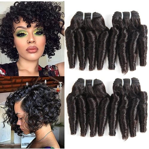 Molefi Brazilian Funmi Hair Curly Wave 4 Bundles Human Hair Black Hair Extensions Short Curly Weave Spiral Curl 8 inch Bundles 50g/pc #1B (8 8 8 8 Inch)