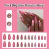 ANDGING Pink French Tip Press on Nails Almond Short Medium Glue on Nails with Bling Glitter Rhinestone Design Fake Nails for Wedding Gel Acrylic False Nails Women Manicure Stick on Nail with Glue C6L