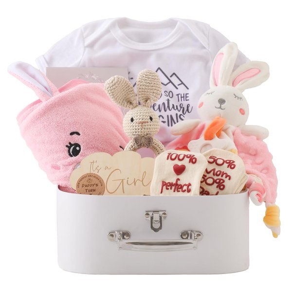 bopoobo Baby Shower Gifts for Girls,New Born Baby Gifts for Girls,Unique Baby Gifts Basket Essential Stuff,Gender Reveal Gifts,Onesie,Blanket,Rattle,Lovey, Socks,Gift Card,Decision Coin,Milestone