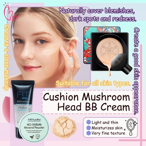 Air Cushion CC Cream Mushroom Head Foundation,Waterproof Long Lasting Loose Setting Powder,Moisturizing BB Cream Liquid Foundation Makeup Primer Concealer Base with Makeup Sponge（4PCS）