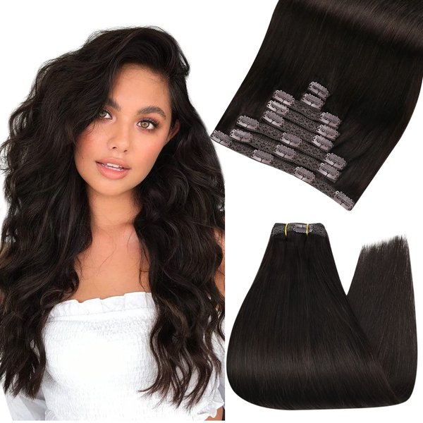 Ugeat Clip in Hair Extensions Dark Brown Real Human Hair Extensions Clip ins Darkest Brown Human Hair Clip in Extensions Silky Straight Full Head 16 Inch 7pcs 120g(105g Hair + 15g Clips)