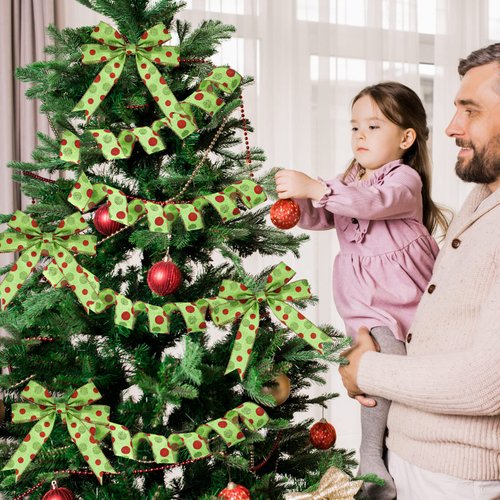 Tatuo 2 Rolls Christmas Wired Ribbon Christmas Glitter Burlap Ribbon Green Red Polka Dot Ribbon Christmas Tree Decoration DIY Craft Bows Wreath(Green Base, 1.5 Inch x 6 Yard Per Roll)