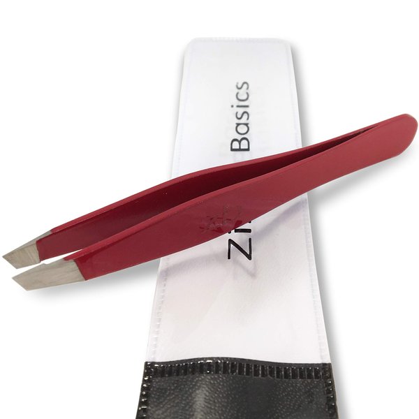 Tweezers – Surgical Grade Stainless Steel - Slant Tip for Expert Eyebrow Shaping and Facial Hair Removal – with Protective Pouch - Best Tweezer for Men and Women (Ruby Red)