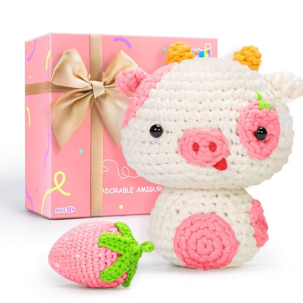 Mewaii Crochet Kit for Beginners, Complete DIY Kit Animals with 40%+ Pre-Started Tape Yarn Step-by-Step Video Tutorials for Adults Kids (Strawberry Cow)