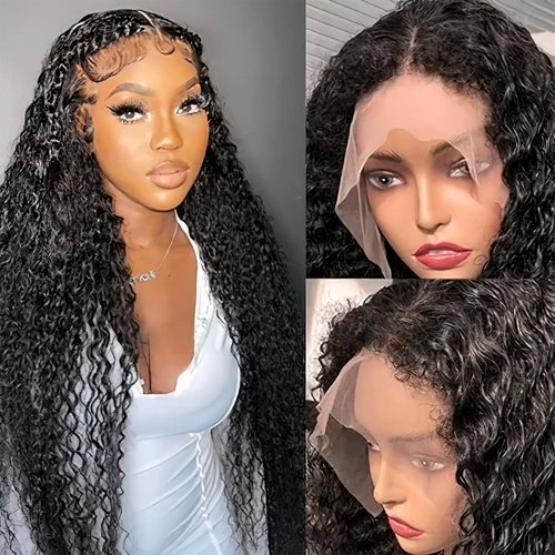 MDRTIRIM Deep Wave Lace Front Wigs Curly Human Hair Heat Resistant Natural Black Synthetic Wigs 180% Density Pre Plucked with Baby Hair For Black Women 30 inch