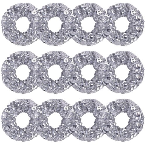 12 Pcs Sparkle Sequins Scrunchies Cheer Hair Scrunchies For Thick Hair School Performance Scrunchy Sports Ponytail Holder Wrist for Girls Cosplay Show (Silver)
