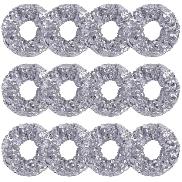 12 Pcs Sparkle Sequins Scrunchies Cheer Hair Scrunchies For Thick Hair School Performance Scrunchy Sports Ponytail Holder Wrist for Girls Cosplay Show (Silver)